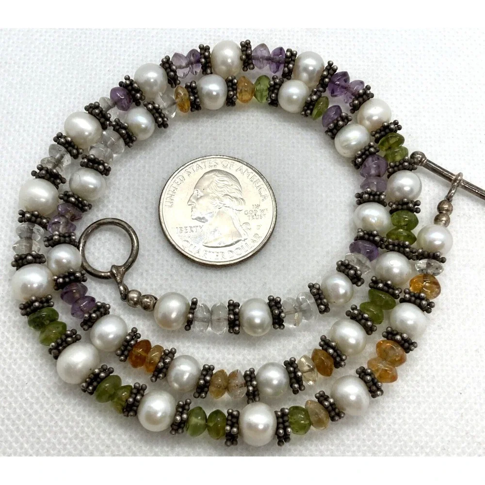 Vintage Pearl Amethyst Peridot Citrine‎ 20'' Necklace Sterling 925 Silver 42.2g